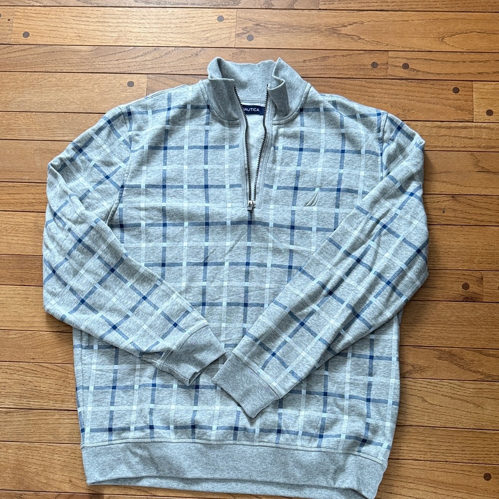 Nautica Men's quarter zip in Gray and Blue Plaid